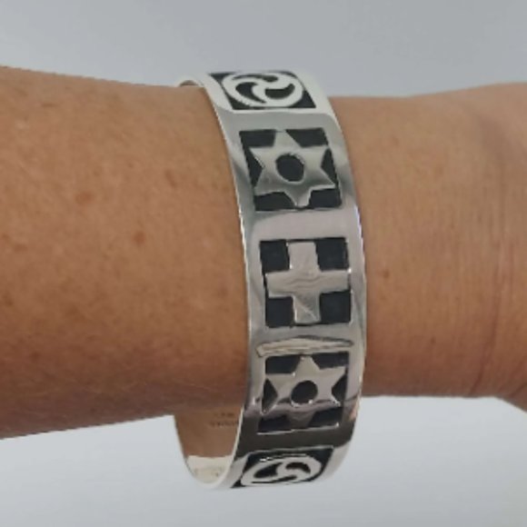Sterling Silver Cuff Bracelet with Mystic Religious Symbols for Protection - Picture 1 of 6